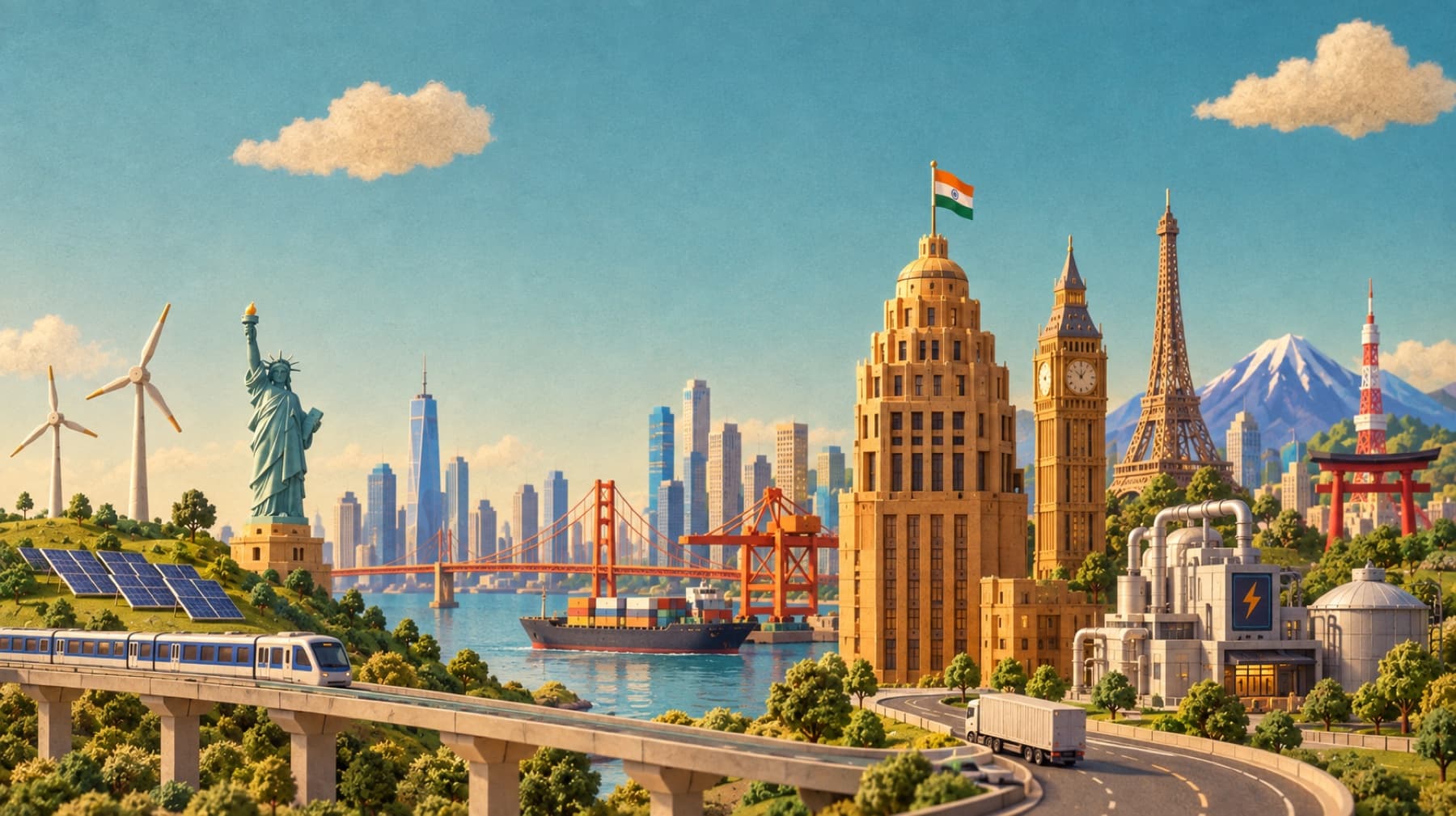Illustrated montage of world landmarks with wind turbines, solar panels, a container port, rail and power infrastructure.